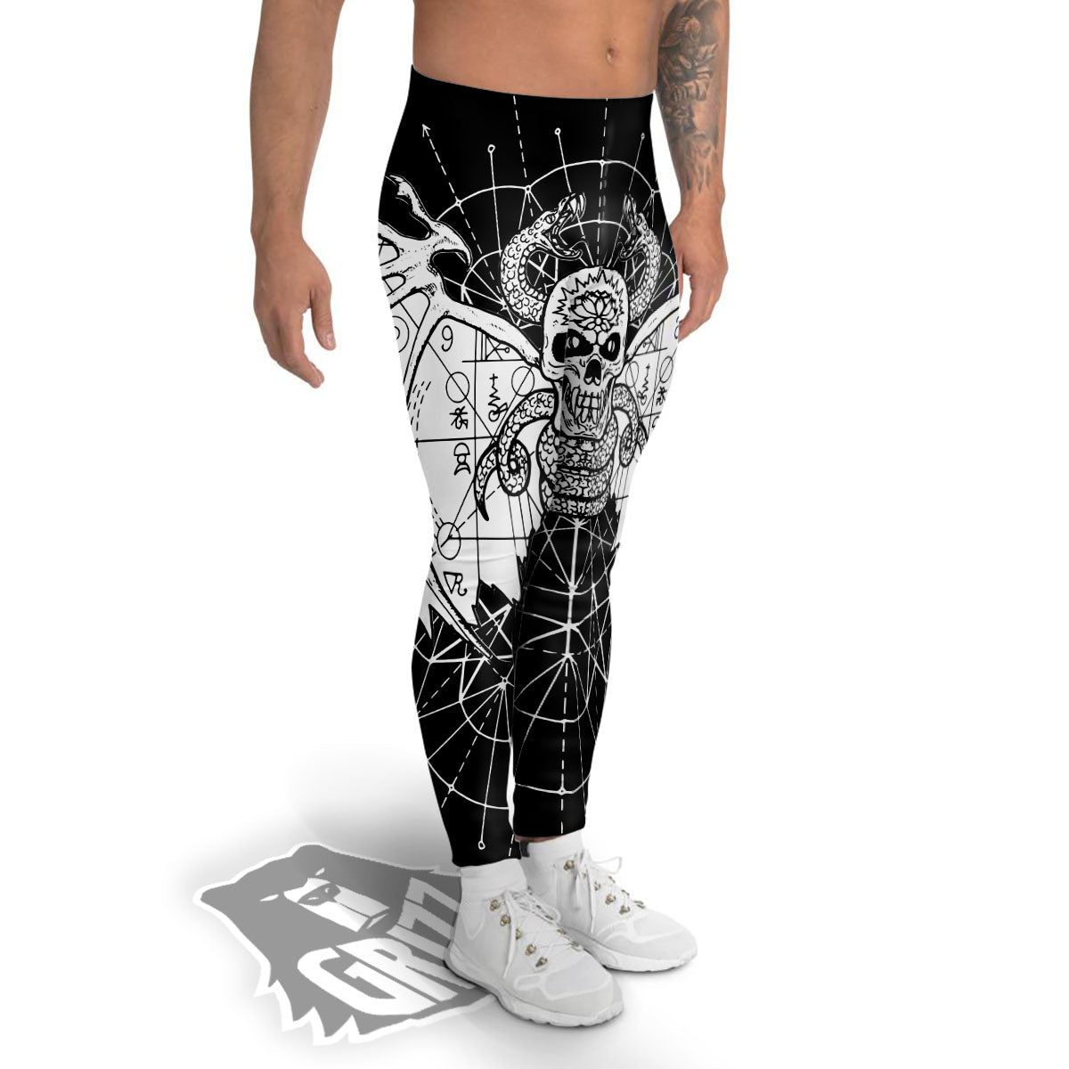 Wicca Devil Skull White And Black Print Men's Leggings-grizzshop