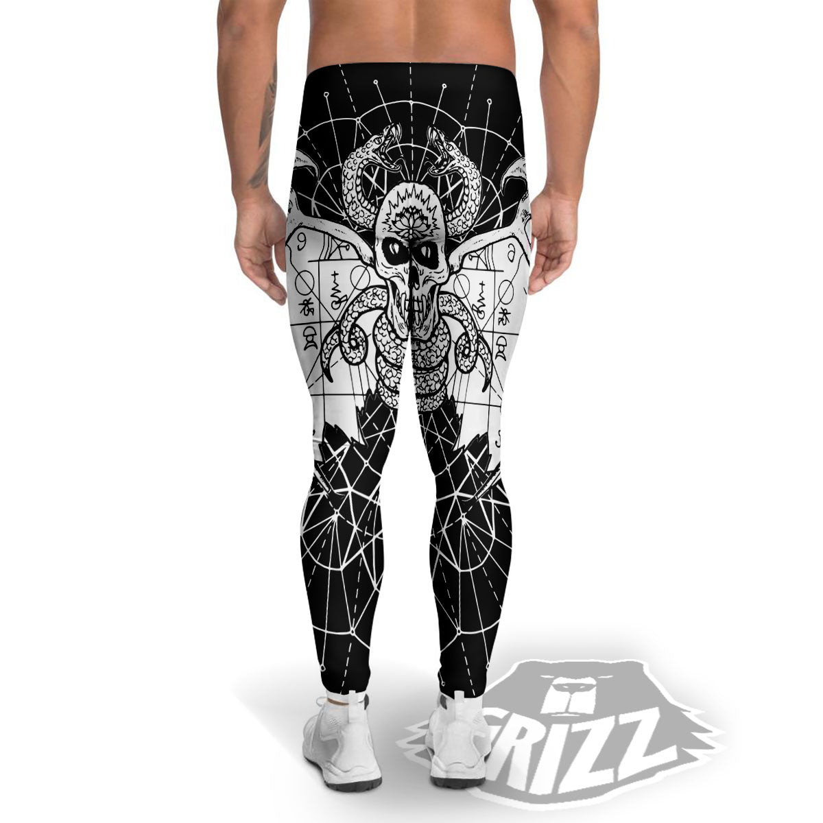 Wicca Devil Skull White And Black Print Men's Leggings-grizzshop