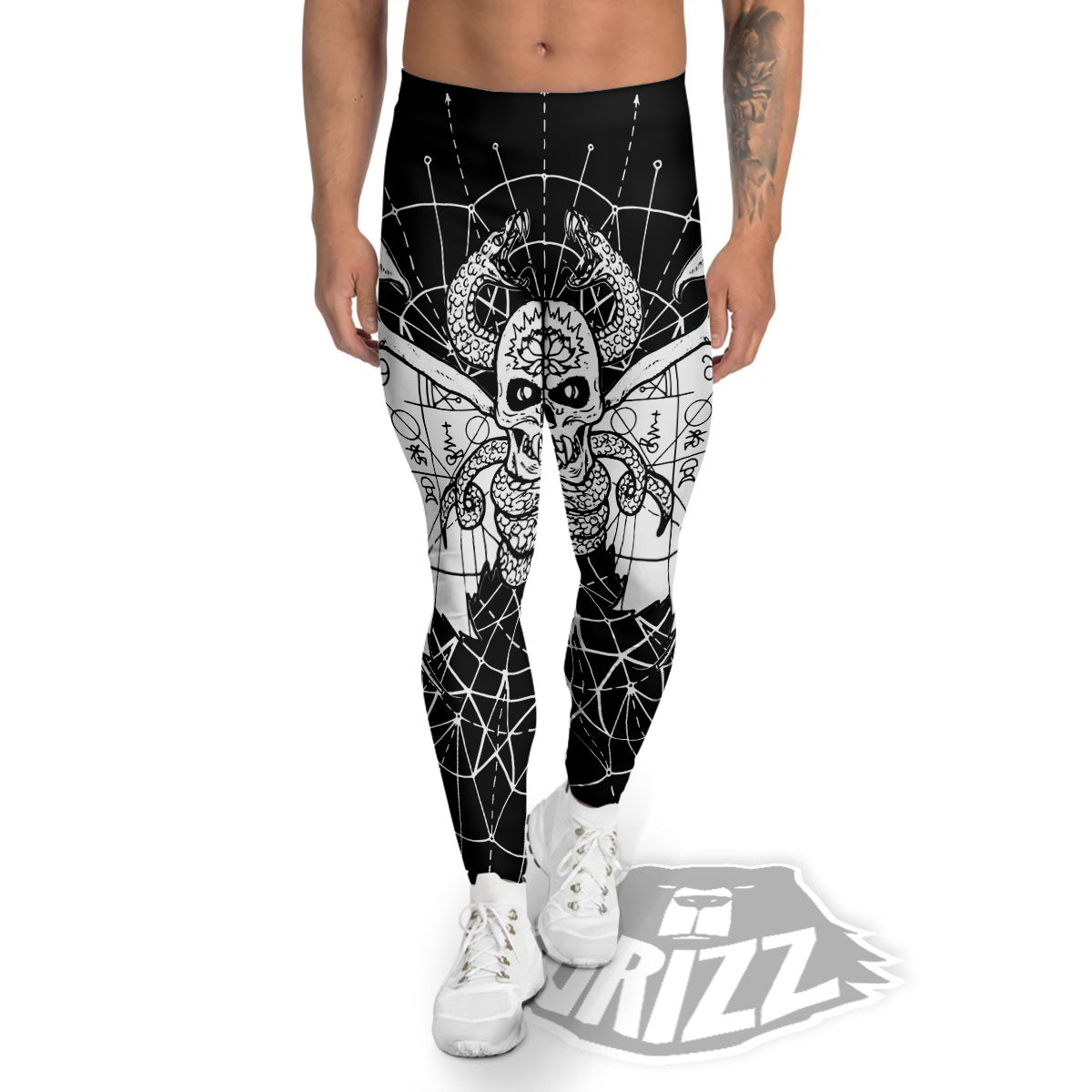 Wicca Devil Skull White And Black Print Men's Leggings-grizzshop