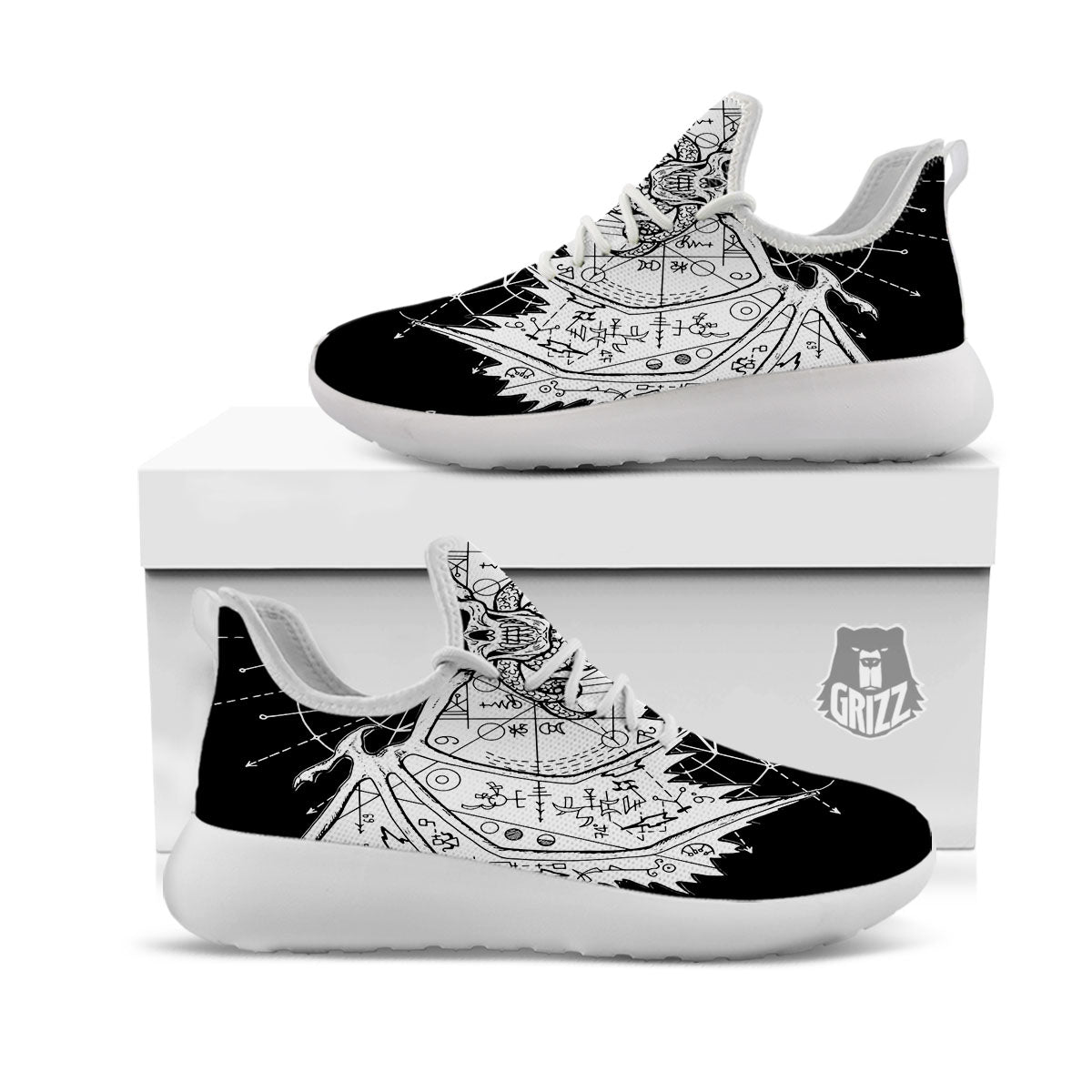 Wicca Devil Skull White And Black Print White Athletic Shoes-grizzshop