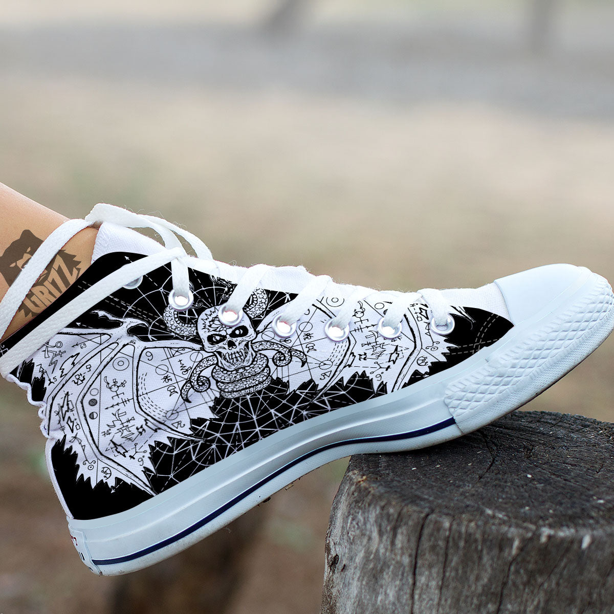 Wicca Devil Skull White And Black Print White High Top Shoes-grizzshop