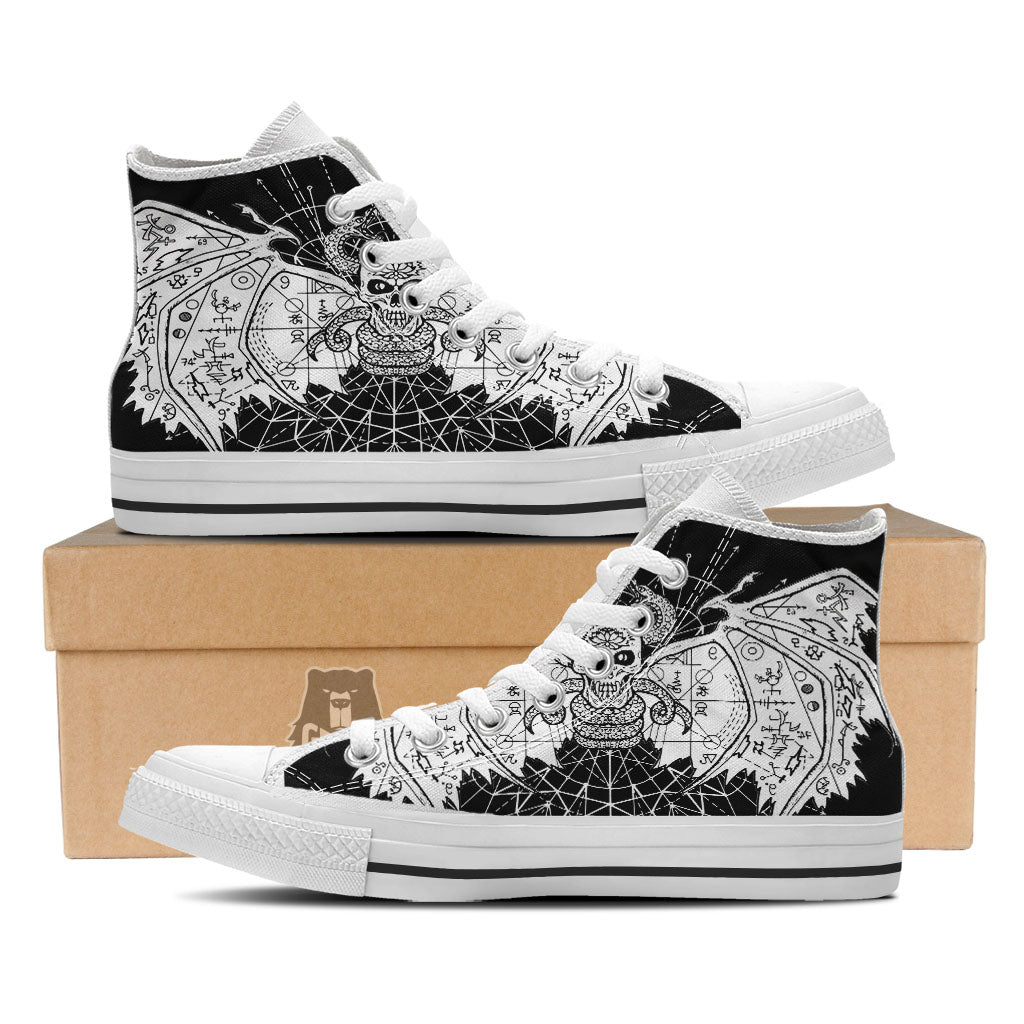 Wicca Devil Skull White And Black Print White High Top Shoes-grizzshop