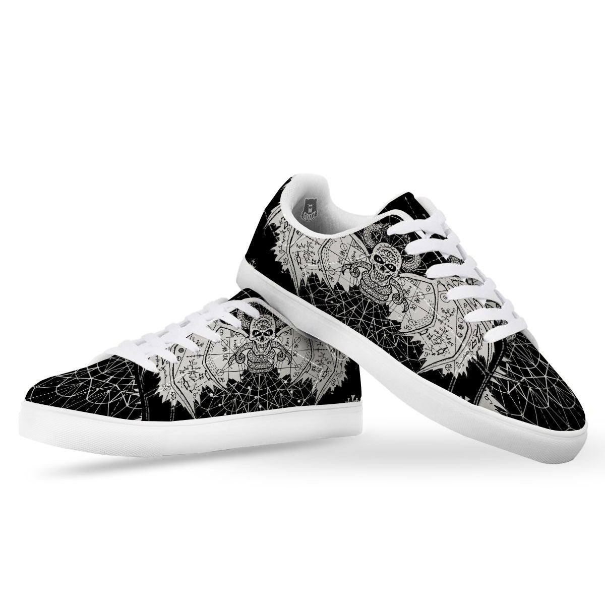 Wicca Devil Skull White And Black Print White Low Top Sneakers-grizzshop