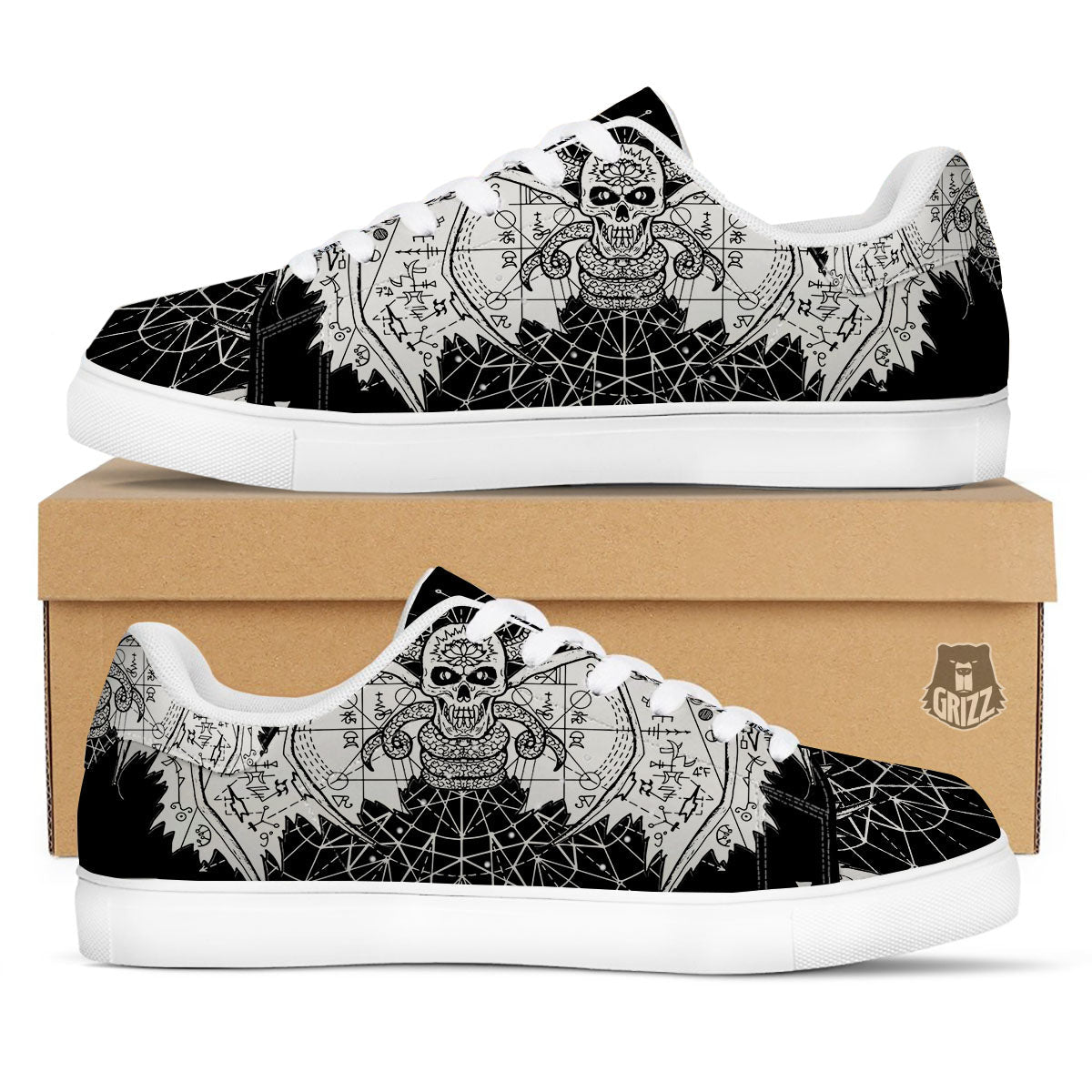 Wicca Devil Skull White And Black Print White Low Top Sneakers-grizzshop