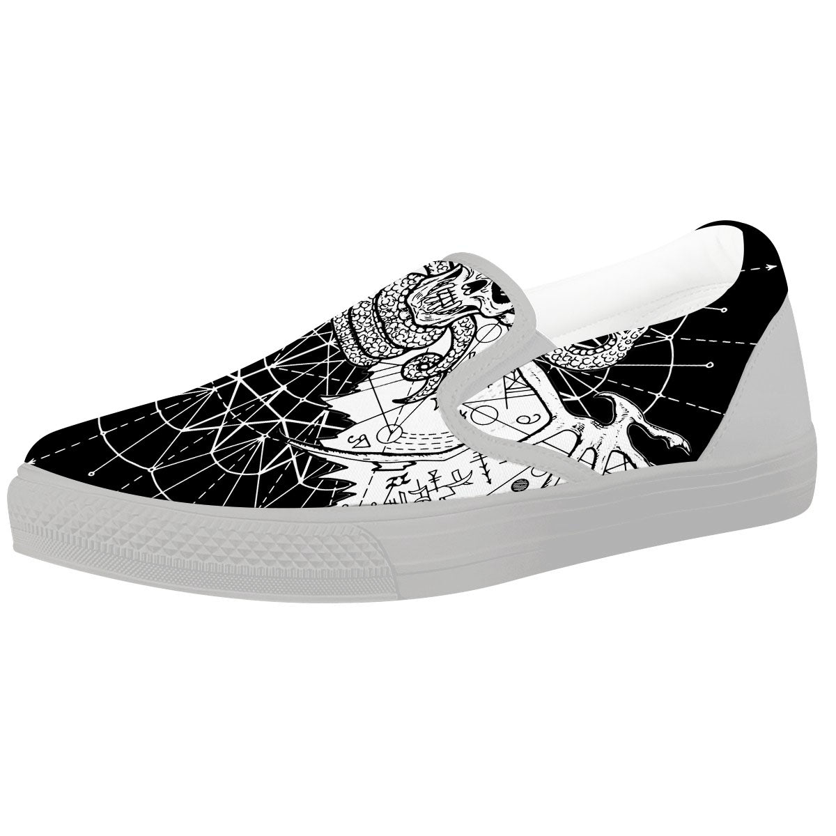 Wicca Devil Skull White And Black Print White Slip On Shoes-grizzshop