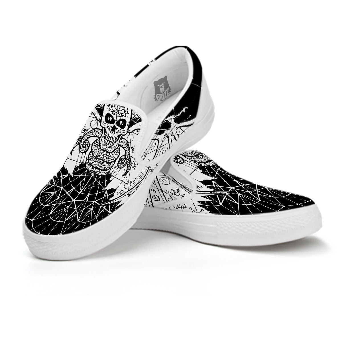 Wicca Devil Skull White And Black Print White Slip On Shoes-grizzshop