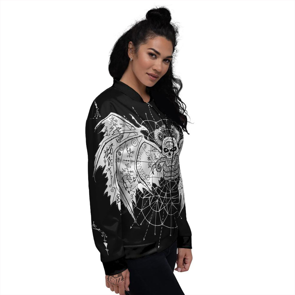 Wicca Devil Skull White And Black Print Women's Bomber Jacket-grizzshop