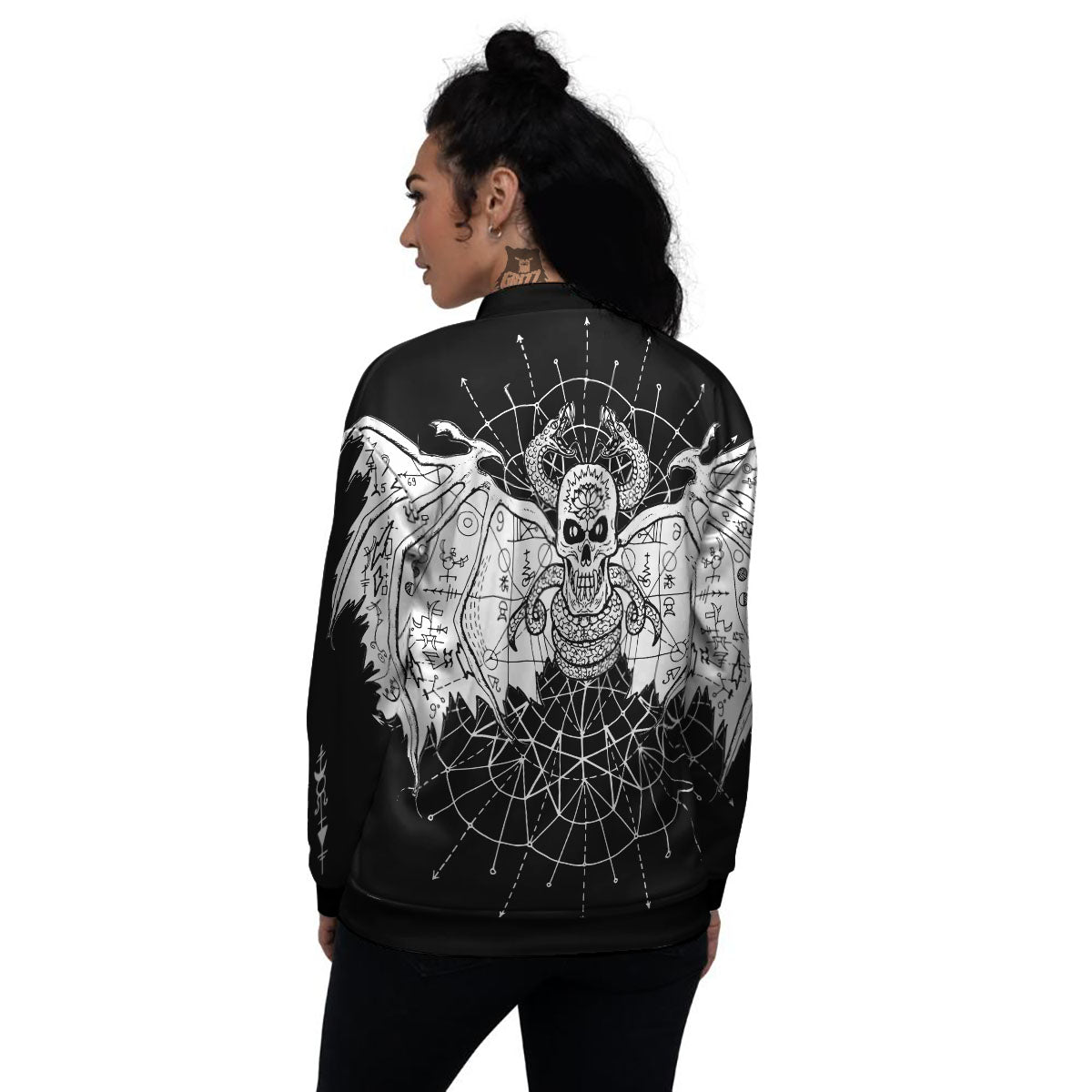 Wicca Devil Skull White And Black Print Women's Bomber Jacket-grizzshop