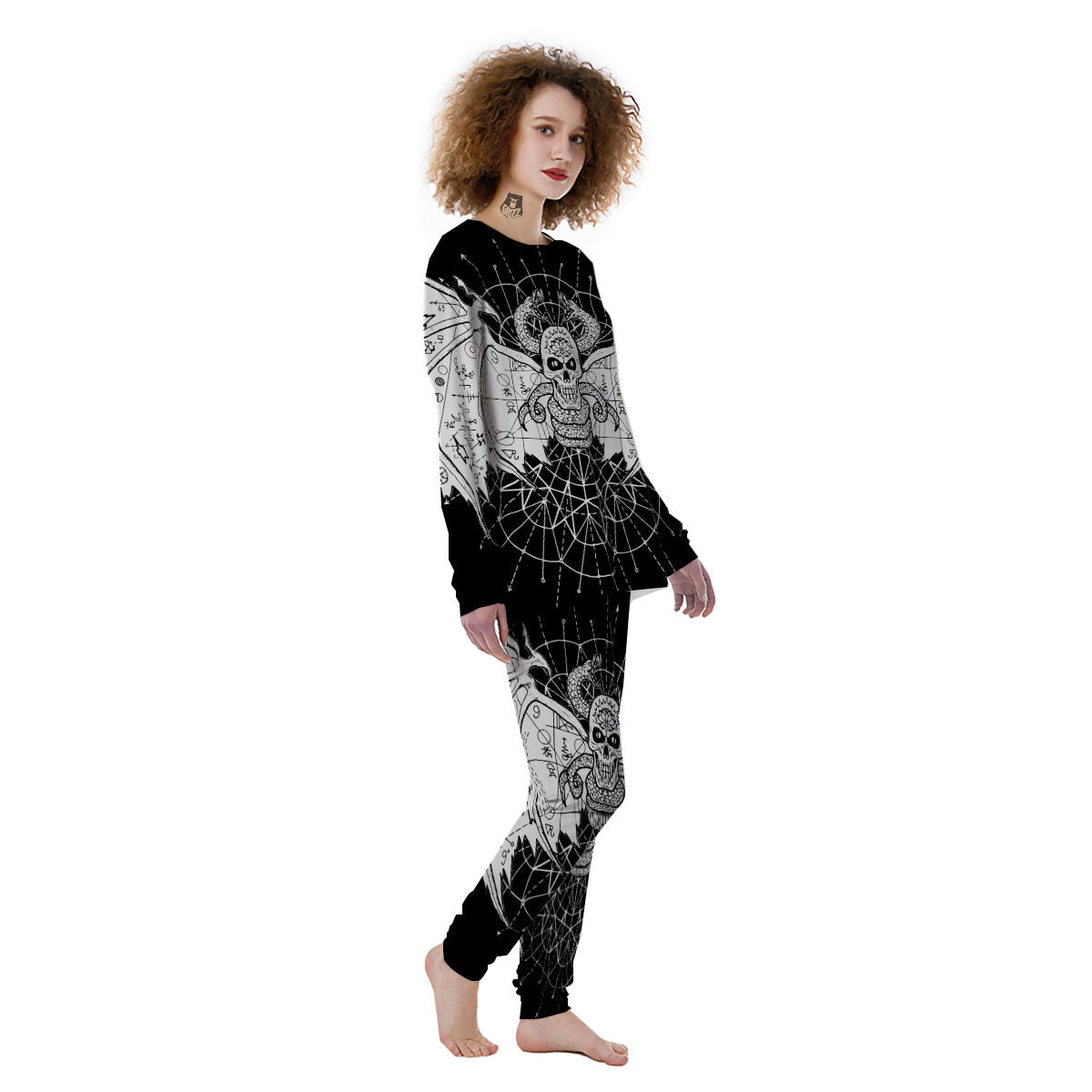 Wicca Devil Skull White And Black Print Women's Pajamas-grizzshop