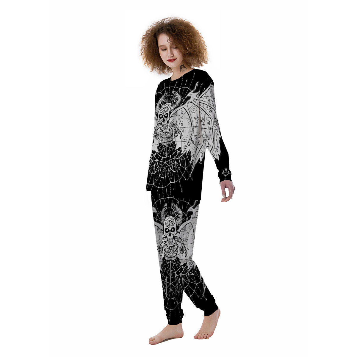 Wicca Devil Skull White And Black Print Women's Pajamas-grizzshop