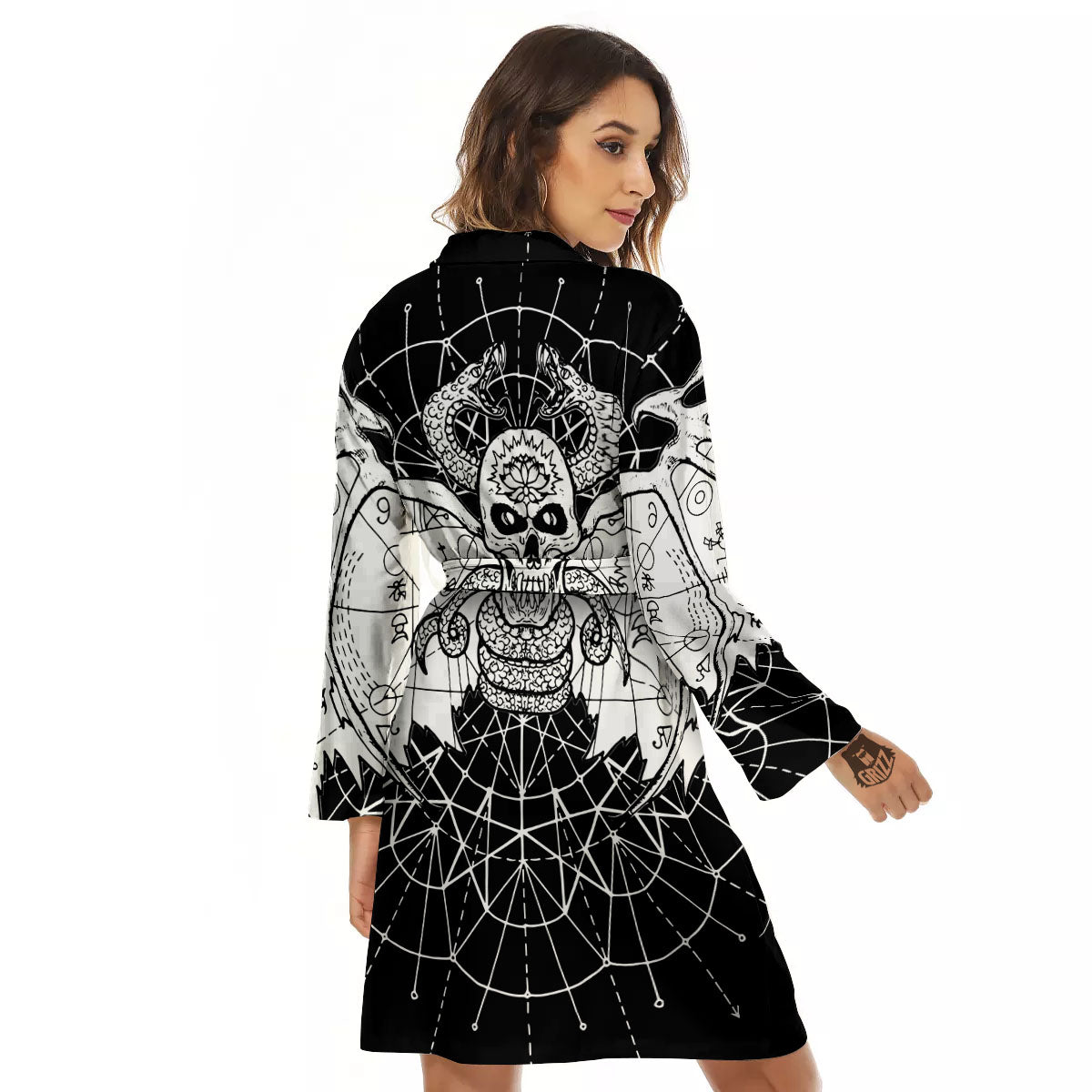Wicca Devil Skull White And Black Print Women's Robe-grizzshop