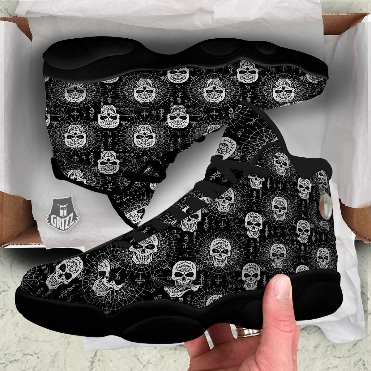 Wicca Evil Skull White And Black Print Black Basketball Shoes-grizzshop