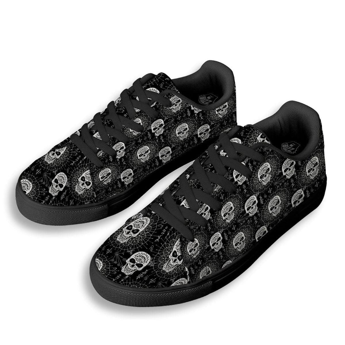 Wicca Evil Skull White And Black Print Black Low Top Sneakers-grizzshop