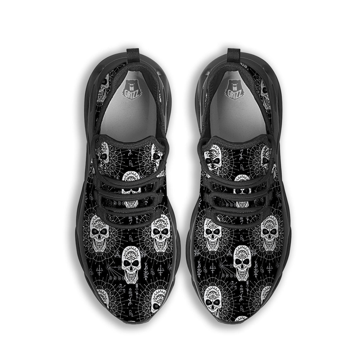 Wicca Evil Skull White And Black Print Black Running Shoes-grizzshop