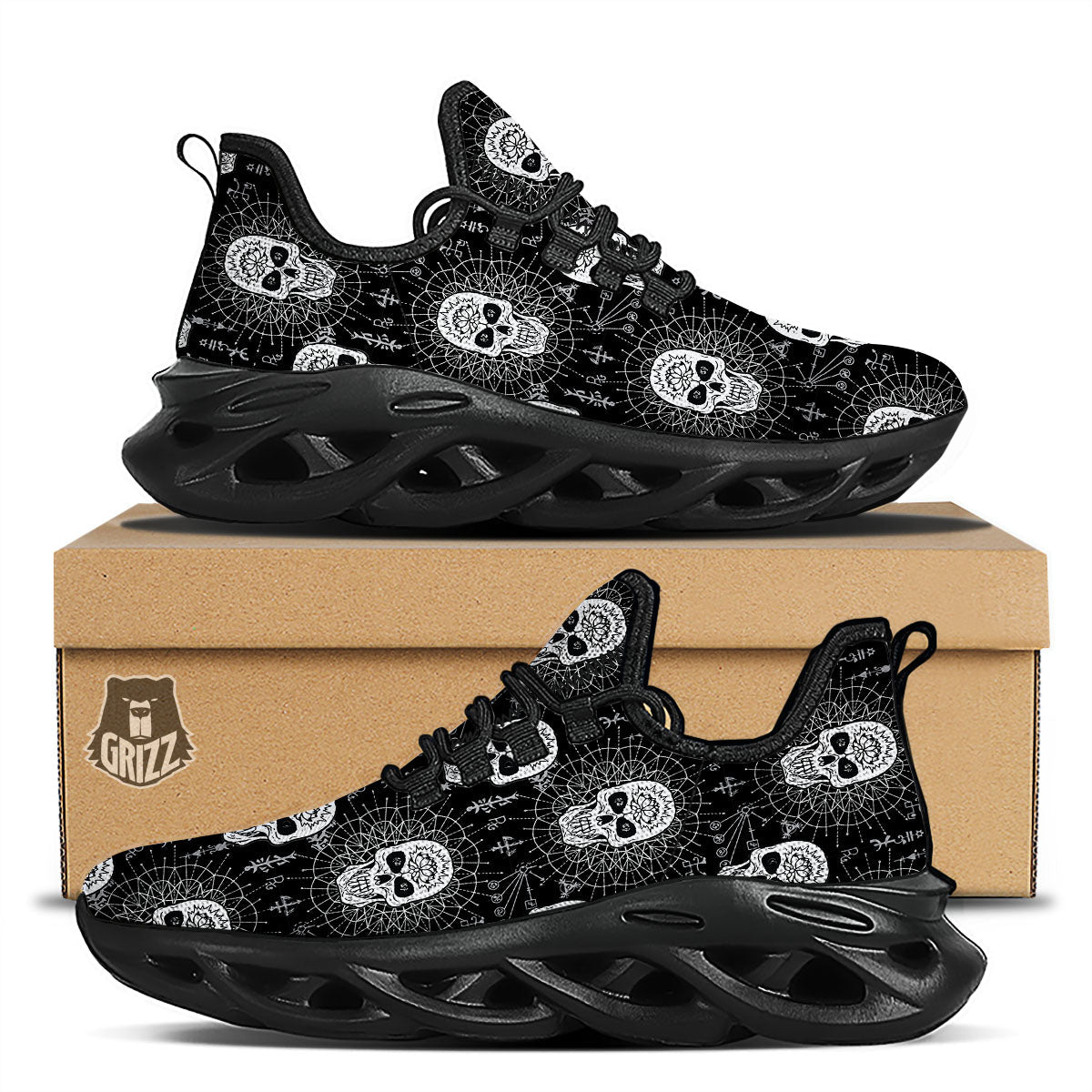 Wicca Evil Skull White And Black Print Black Running Shoes-grizzshop