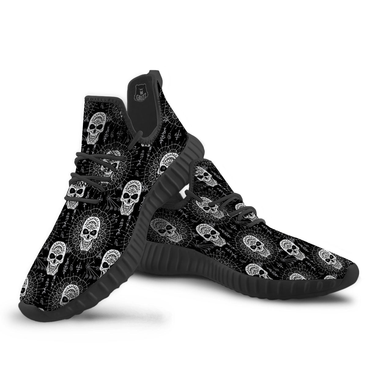 Wicca Evil Skull White And Black Print Black Walking Shoes-grizzshop
