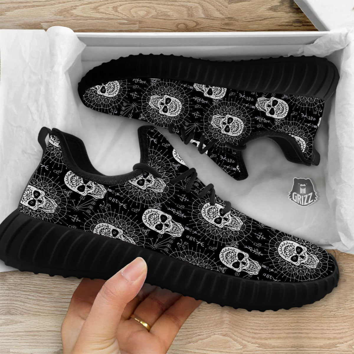 Wicca Evil Skull White And Black Print Black Walking Shoes-grizzshop