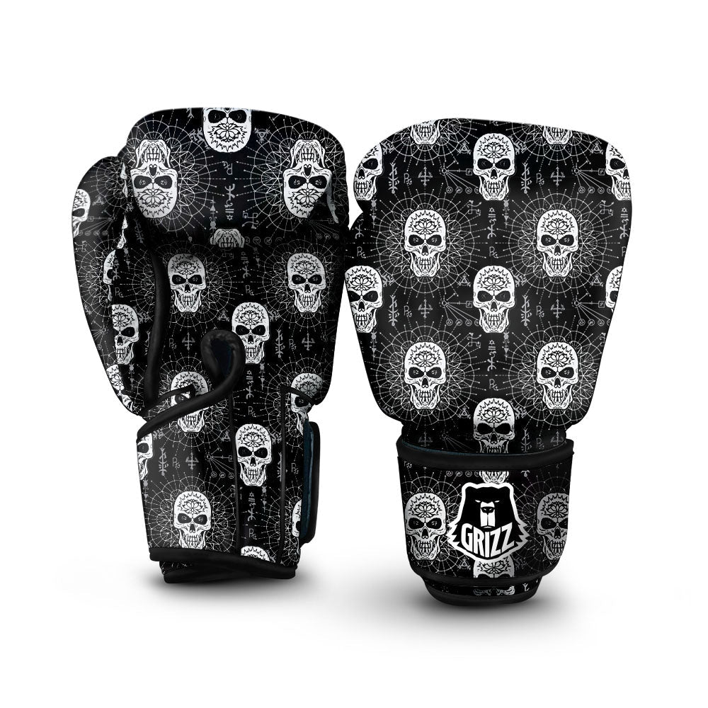 Wicca Evil Skull White And Black Print Boxing Gloves-grizzshop