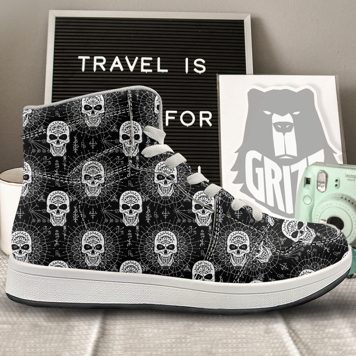 Wicca Evil Skull White And Black Print High Top Sneakers-grizzshop