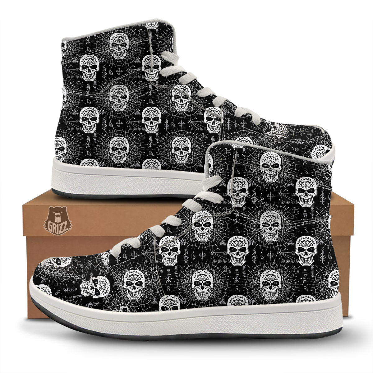 Wicca Evil Skull White And Black Print High Top Sneakers-grizzshop