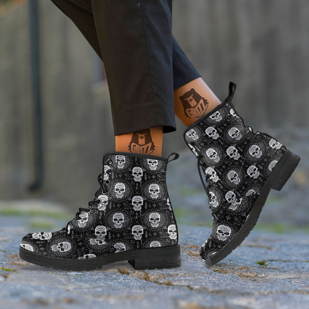 Wicca Evil Skull White And Black Print Leather Boots-grizzshop