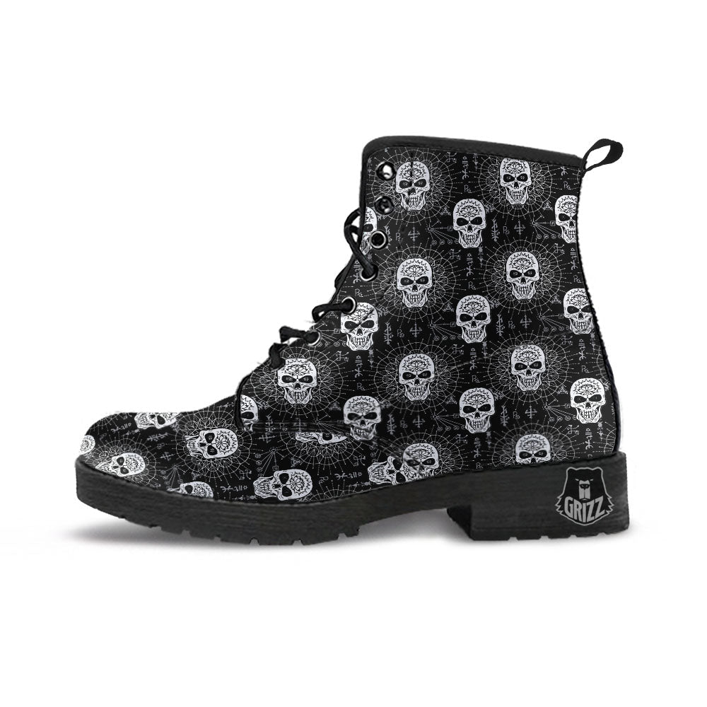Wicca Evil Skull White And Black Print Leather Boots-grizzshop