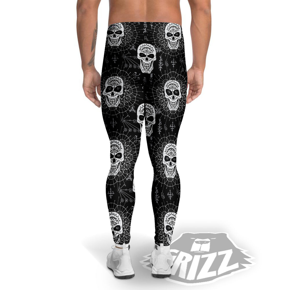 Wicca Evil Skull White And Black Print Men's Leggings-grizzshop