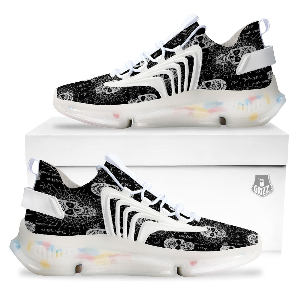 Wicca Evil Skull White And Black Print White Gym Shoes-grizzshop