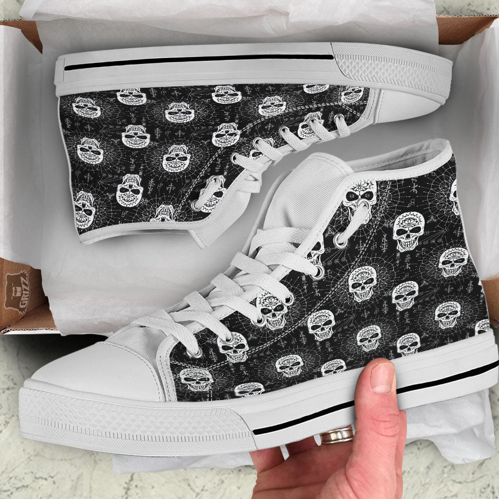 Wicca Evil Skull White And Black Print White High Top Shoes-grizzshop