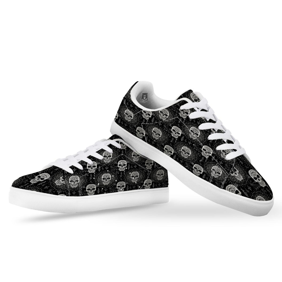 Wicca Evil Skull White And Black Print White Low Top Sneakers-grizzshop