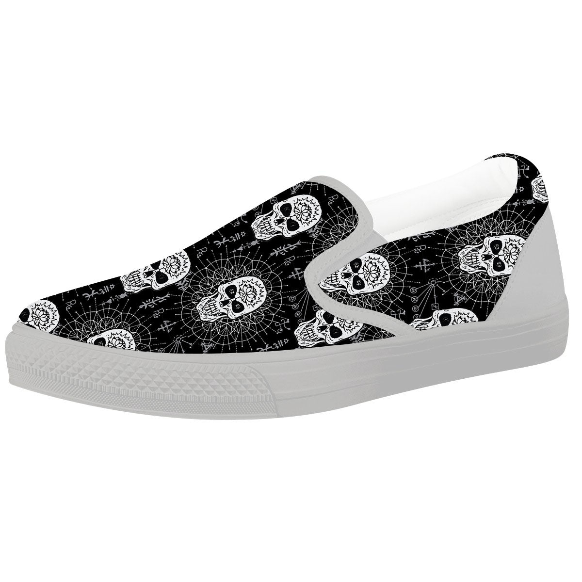 Wicca Evil Skull White And Black Print White Slip On Shoes-grizzshop
