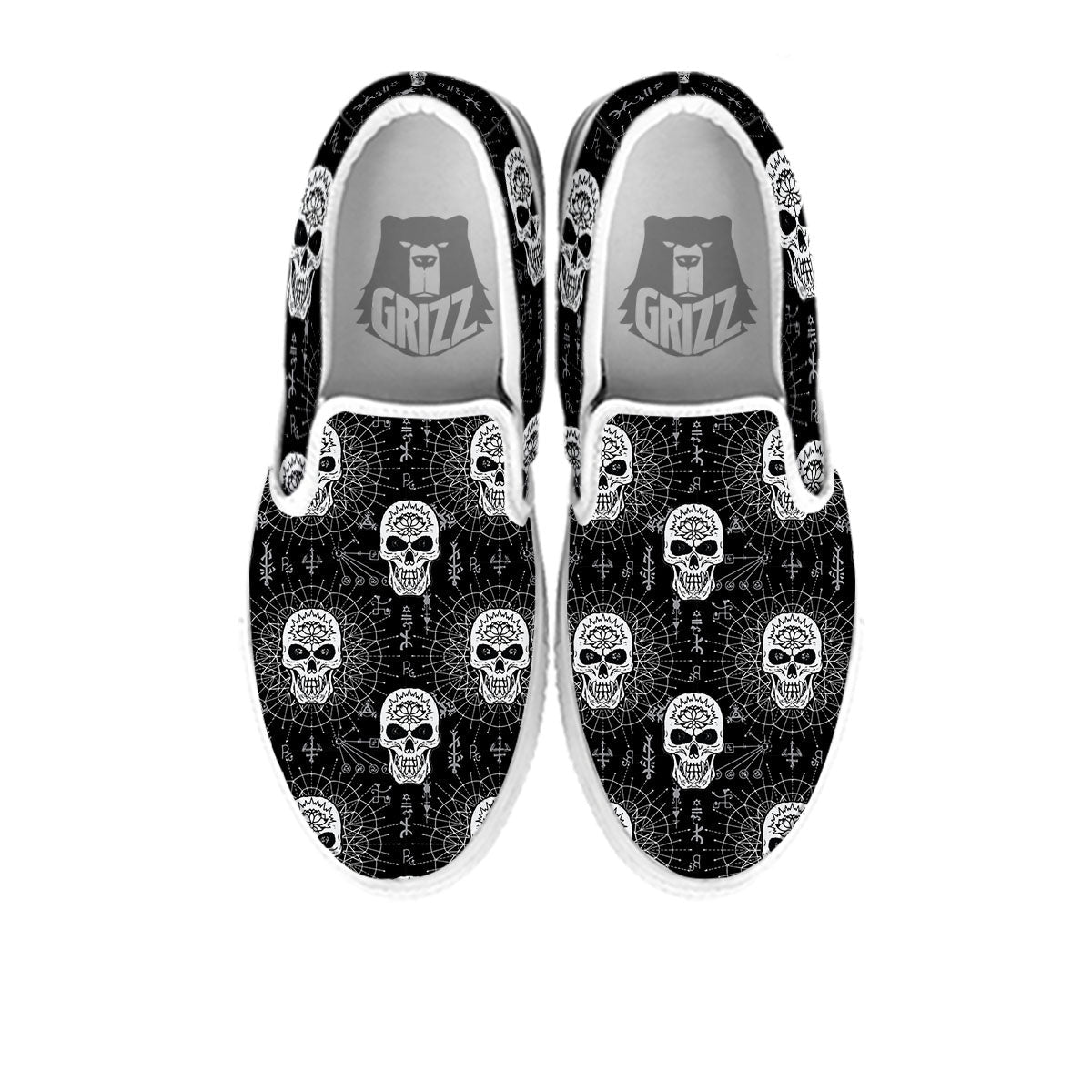 Wicca Evil Skull White And Black Print White Slip On Shoes-grizzshop