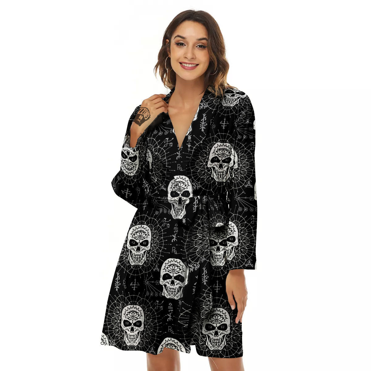 Wicca Evil Skull White And Black Print Women's Robe-grizzshop