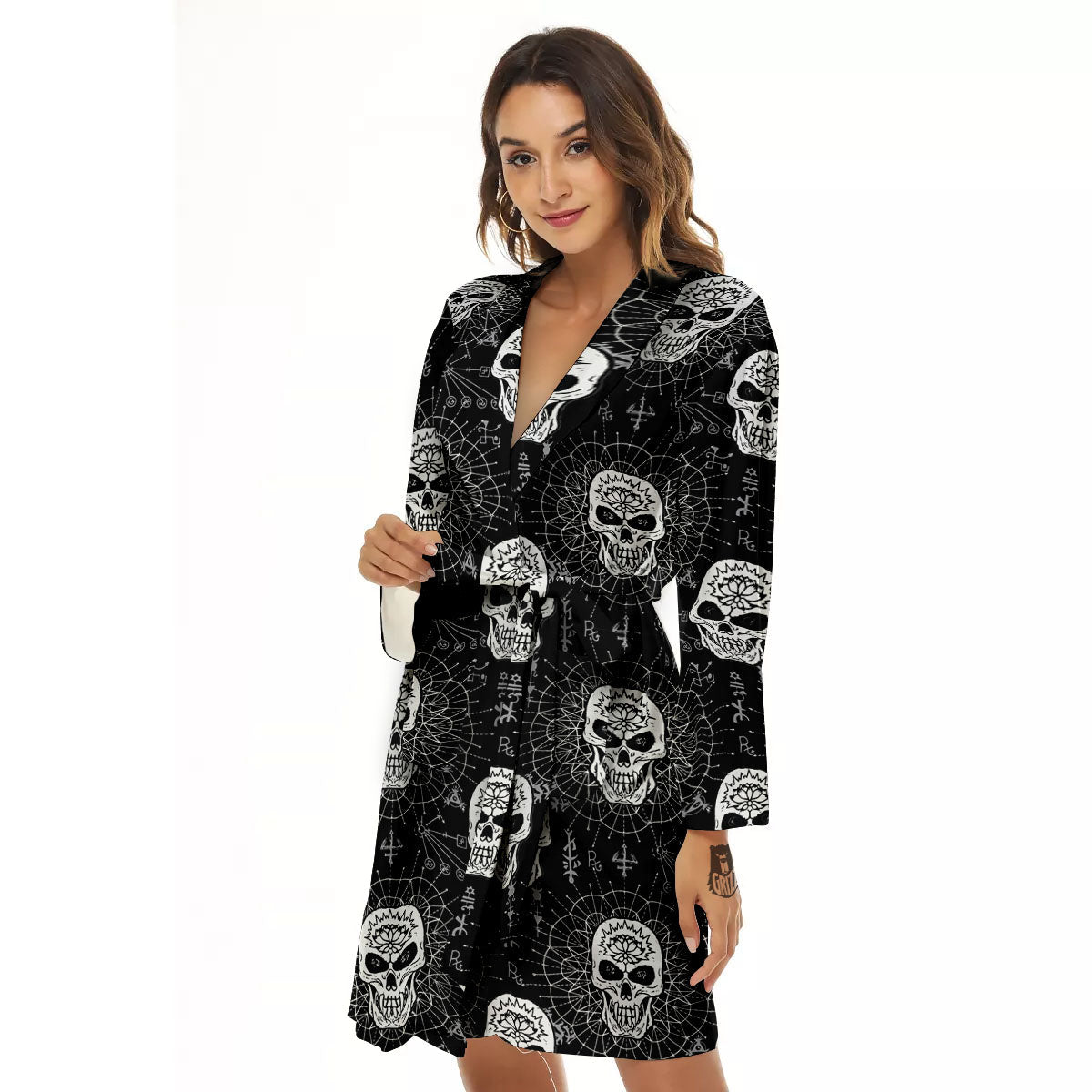 Wicca Evil Skull White And Black Print Women's Robe-grizzshop