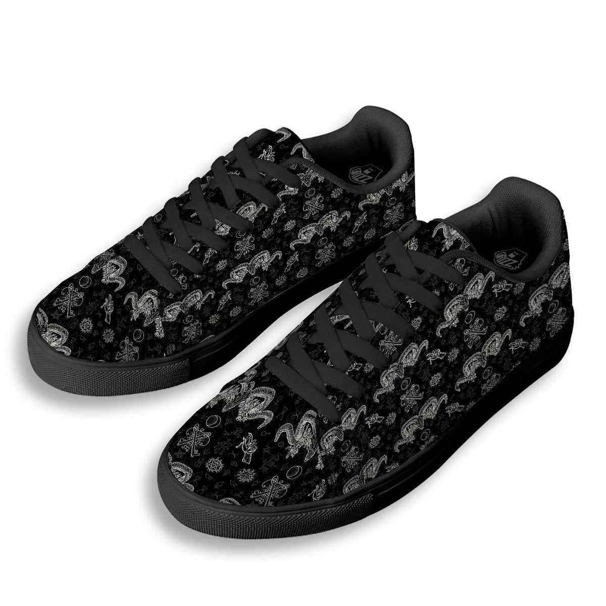 Wicca Gothic White And Black Print Black Low Top Sneakers-grizzshop