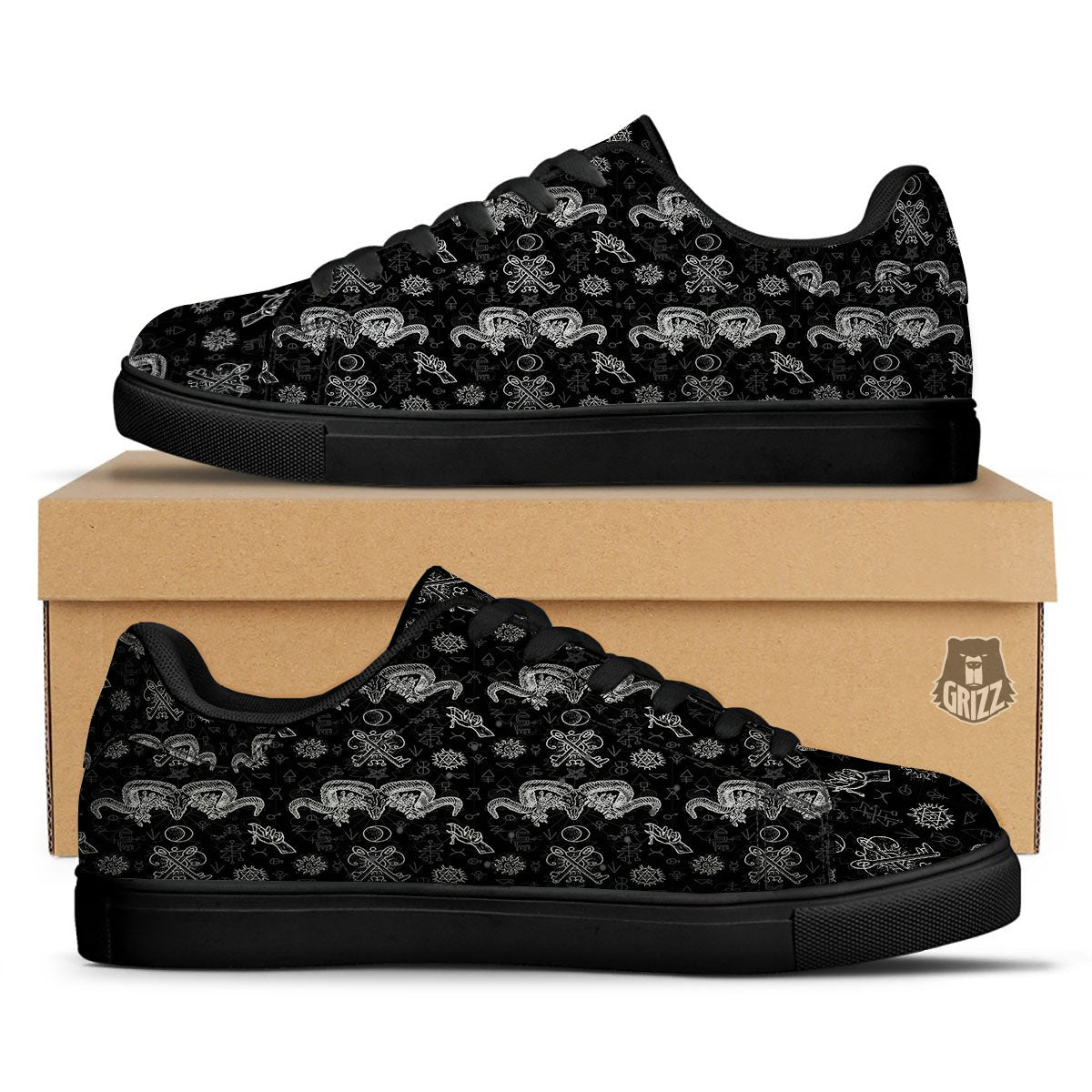 Wicca Gothic White And Black Print Black Low Top Sneakers-grizzshop
