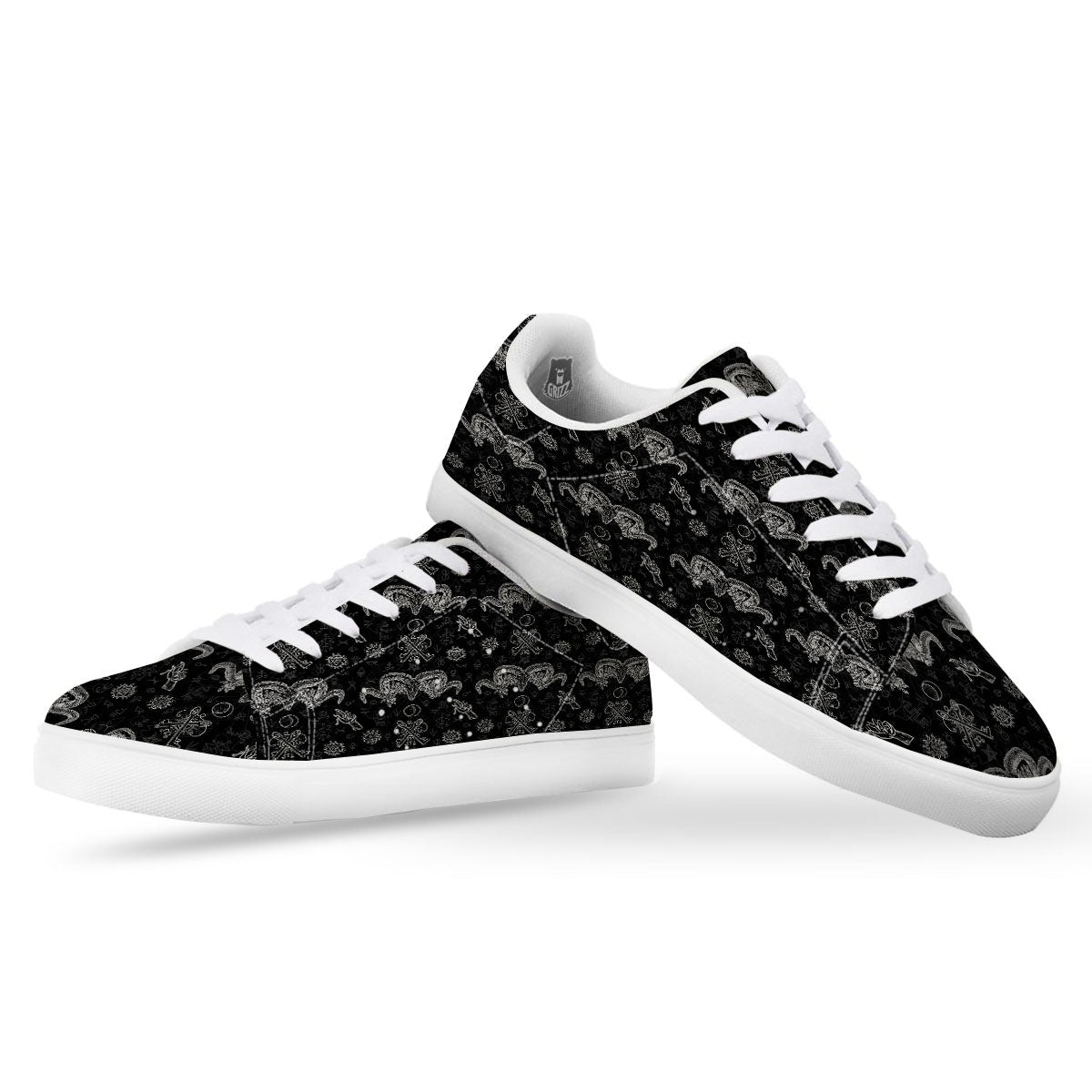 Wicca Gothic White And Black Print White Low Top Sneakers-grizzshop