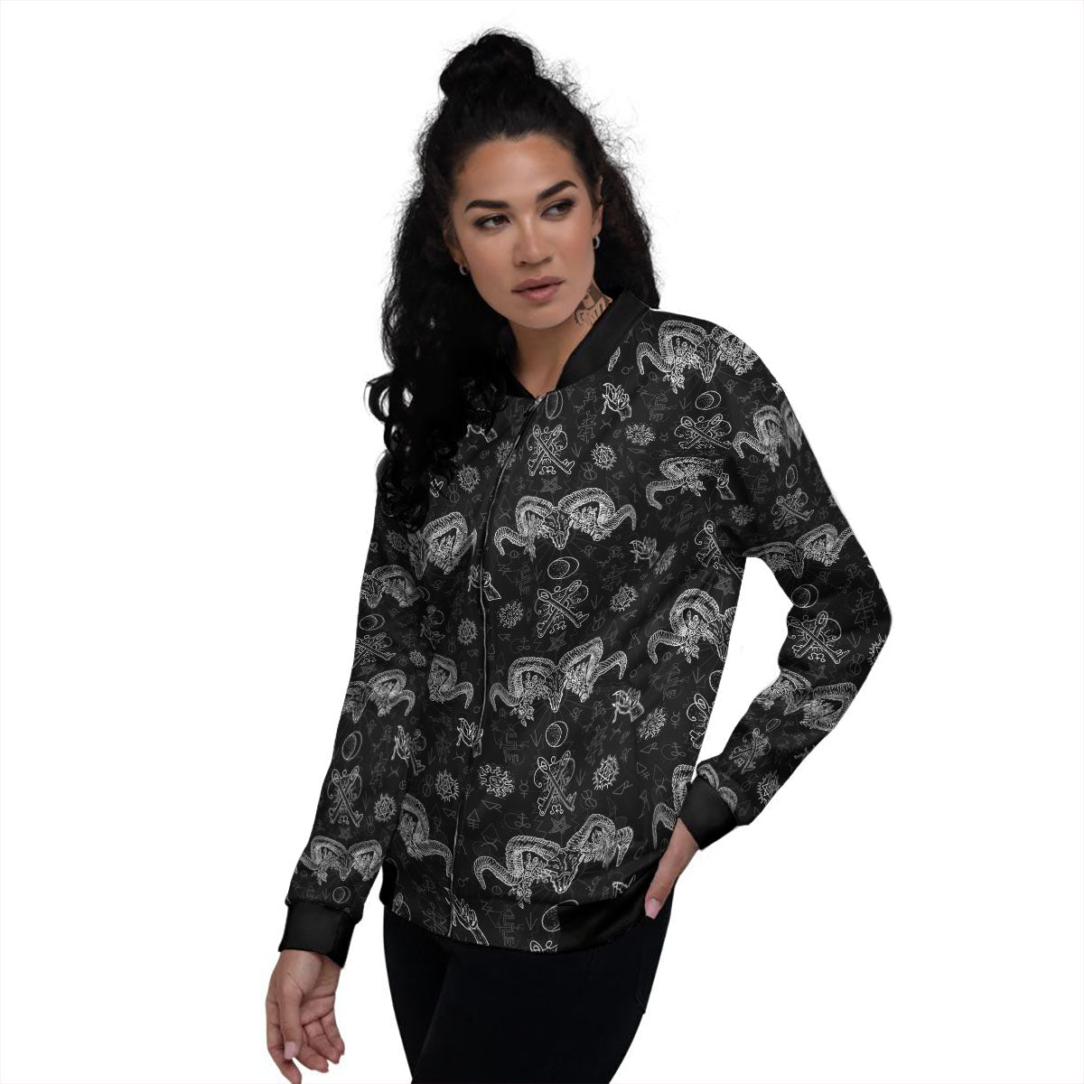 Wicca Gothic White And Black Print Women's Bomber Jacket-grizzshop