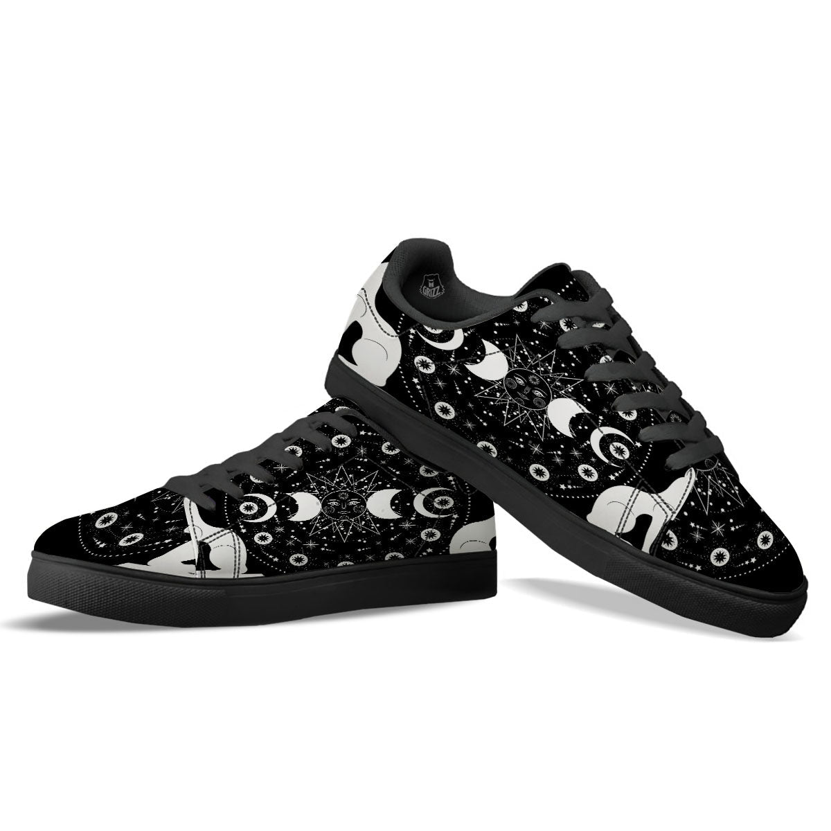 Wicca Magical White And Black Print Black Low Top Sneakers-grizzshop