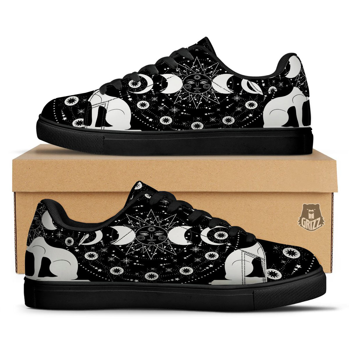 Wicca Magical White And Black Print Black Low Top Sneakers-grizzshop