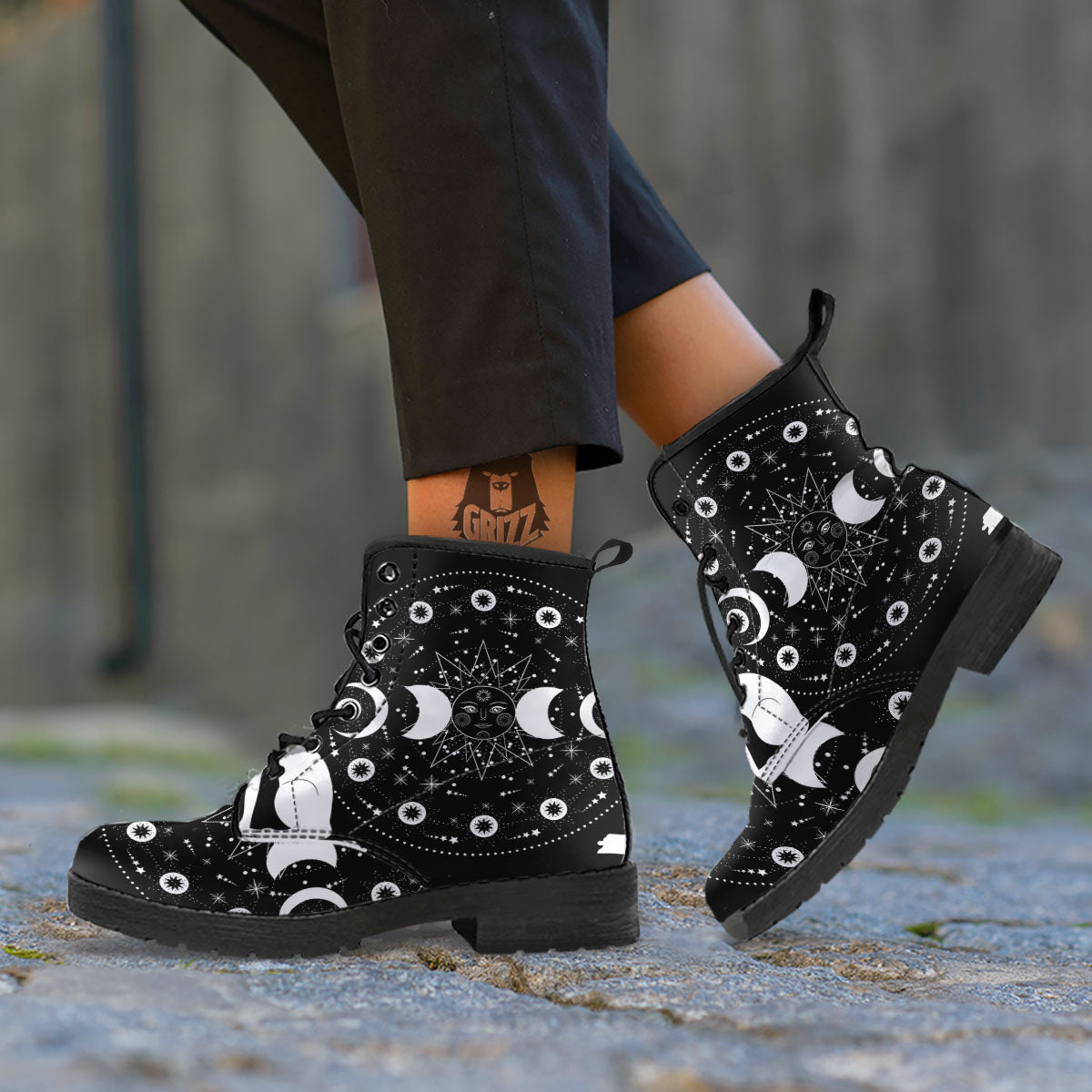 Wicca Magical White And Black Print Leather Boots-grizzshop