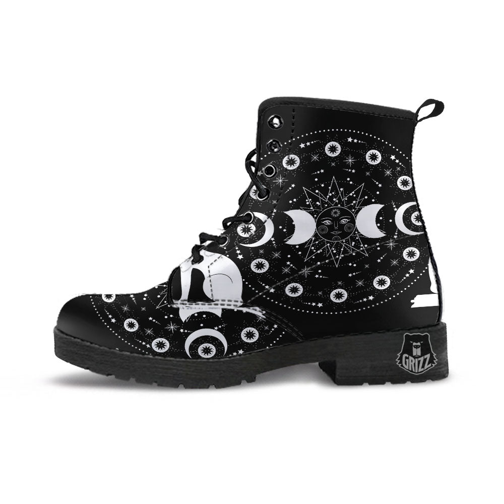 Wicca Magical White And Black Print Leather Boots-grizzshop