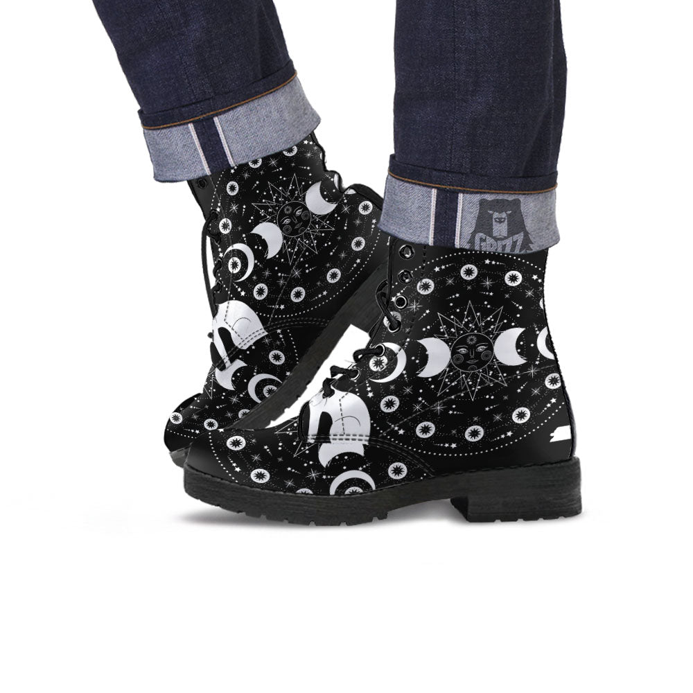 Wicca Magical White And Black Print Leather Boots-grizzshop