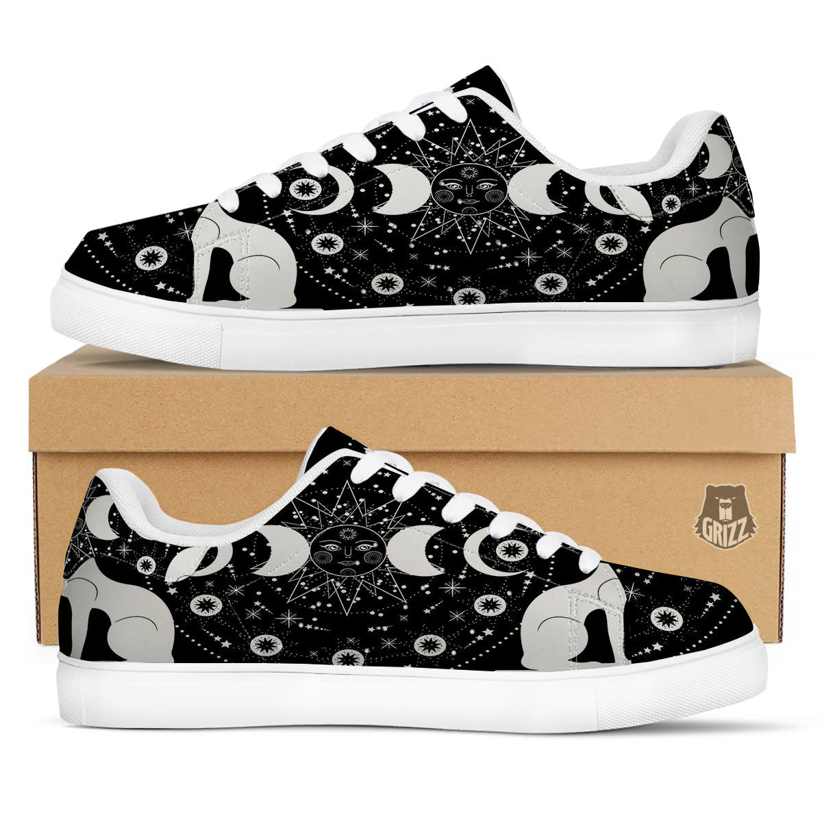 Wicca Magical White And Black Print White Low Top Sneakers-grizzshop