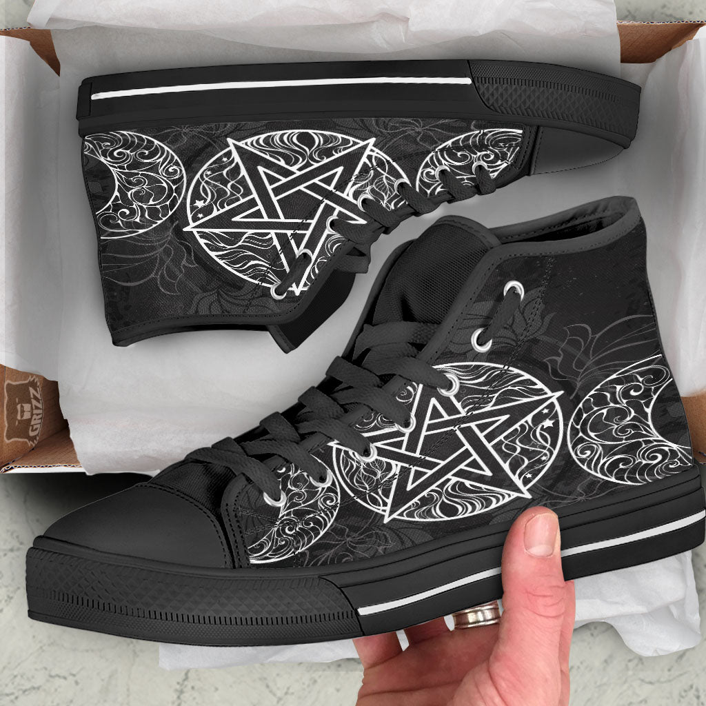 Wicca Pentagram White And Black Print Black High Top Shoes-grizzshop