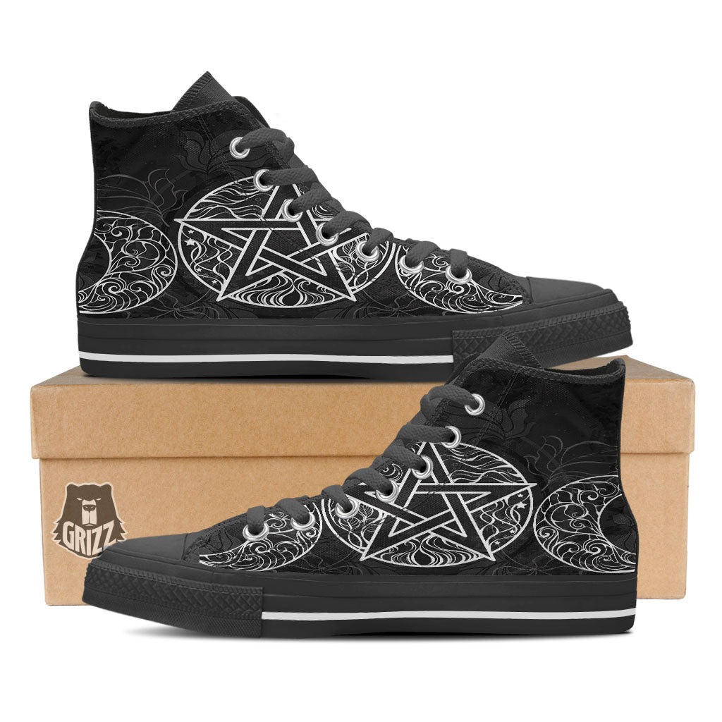 Wicca Pentagram White And Black Print Black High Top Shoes-grizzshop