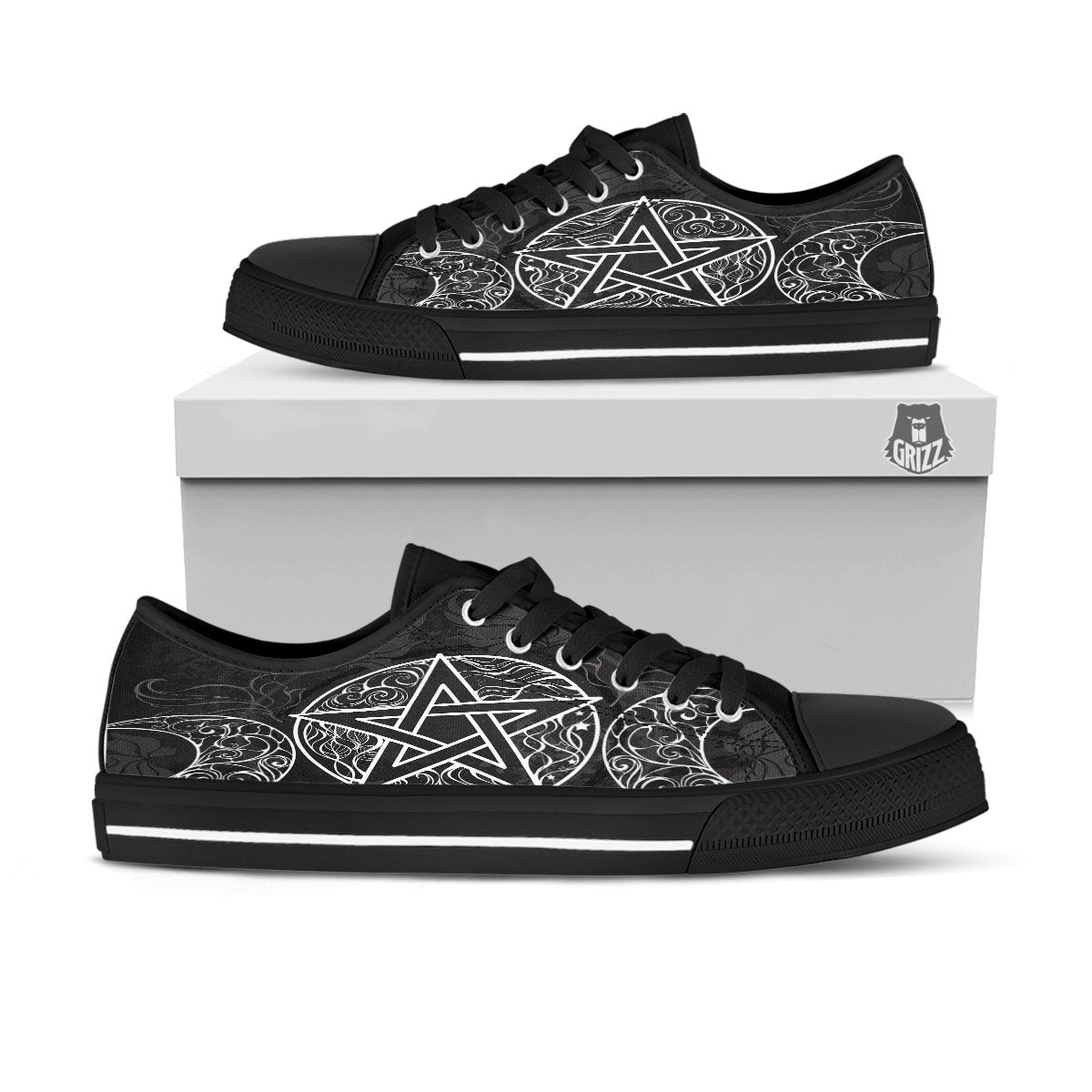 Wicca Pentagram White And Black Print Black Low Top Shoes-grizzshop