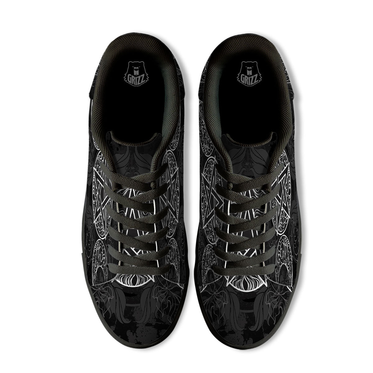 Wicca Pentagram White And Black Print Black Low Top Sneakers-grizzshop