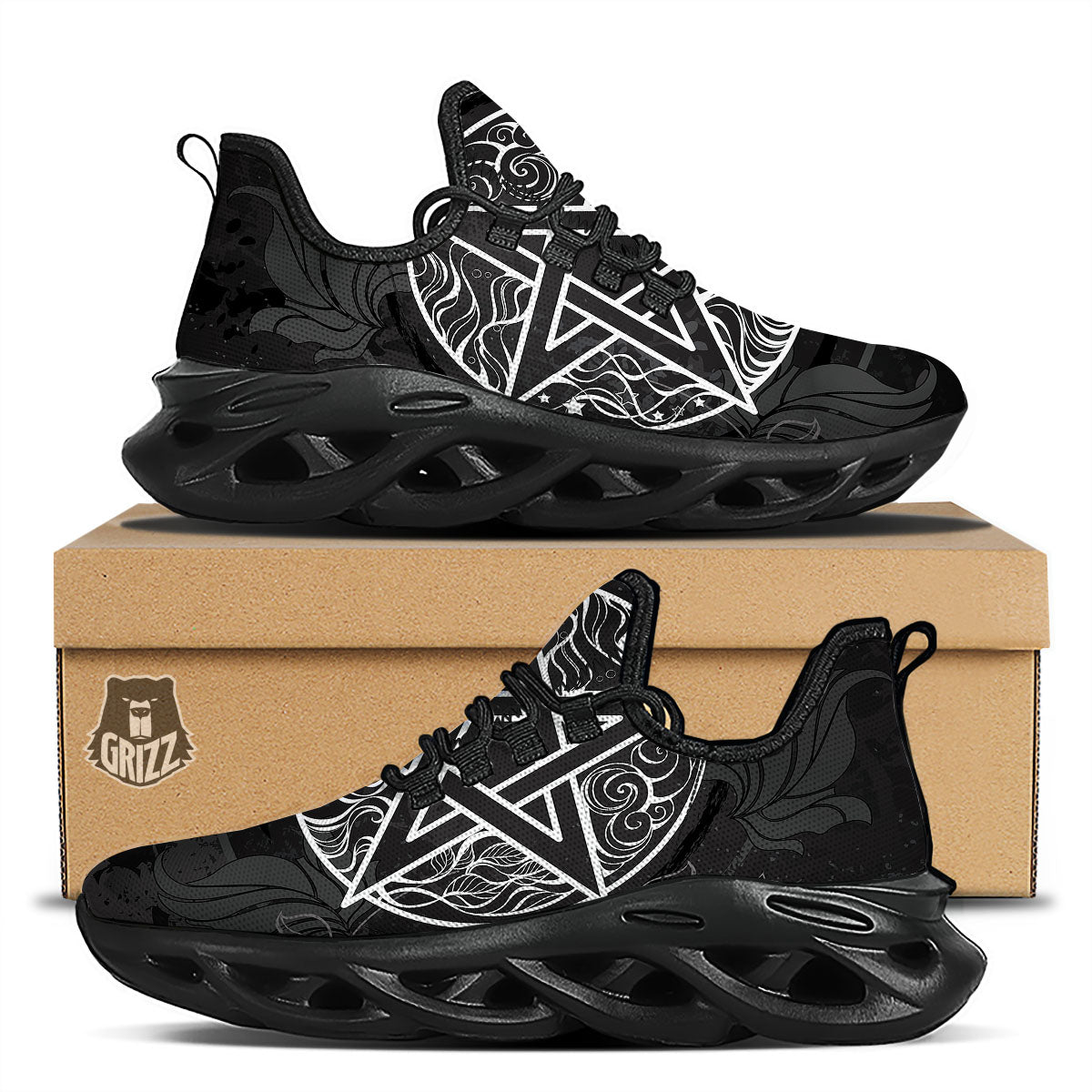 Wicca Pentagram White And Black Print Black Running Shoes-grizzshop