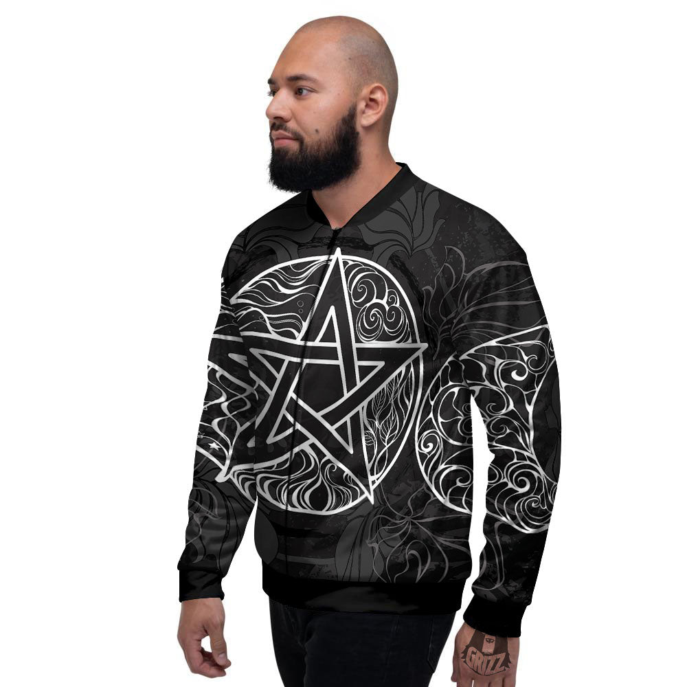 Wicca Pentagram White And Black Print Men's Bomber Jacket-grizzshop
